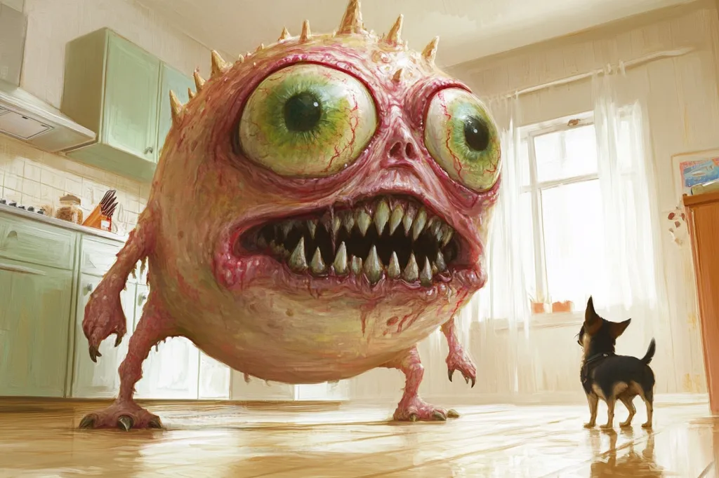 A grotesque, fleshy monster with a single giant eye and a gaping maw full of teeth stands in a kitchen, its fleshy limbs splayed out. A small black chihuahua, looking terrified, stands at a distance, facing the monster. The scene is a surreal juxtaposition of the mundane and the monstrous.