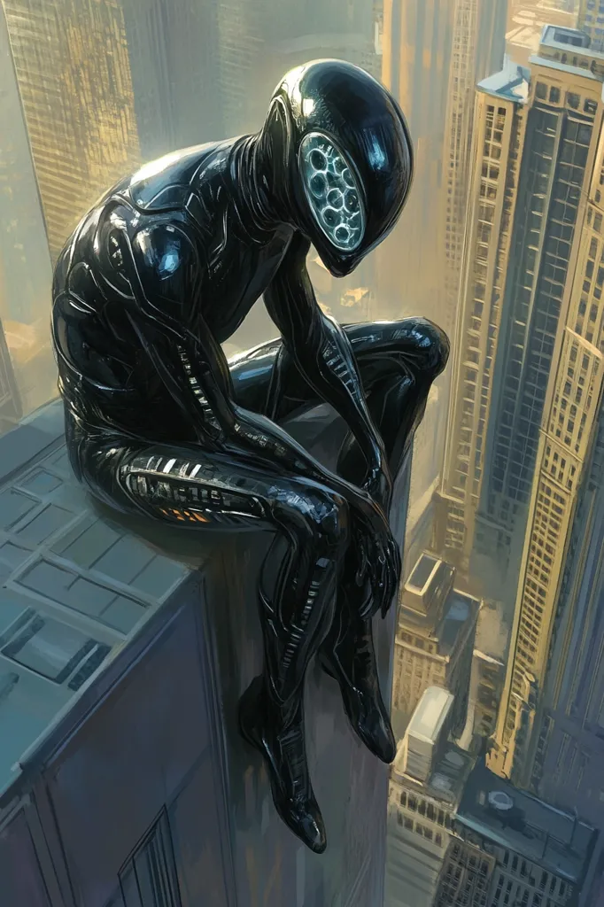 A black, humanoid figure with a helmet and an intricate, segmented suit sits on the edge of a skyscraper, looking down at the city below. The figure's legs dangle over the side, and the city stretches out in the distance, with tall buildings and a hazy atmosphere. The scene has a futuristic and slightly unsettling feel.