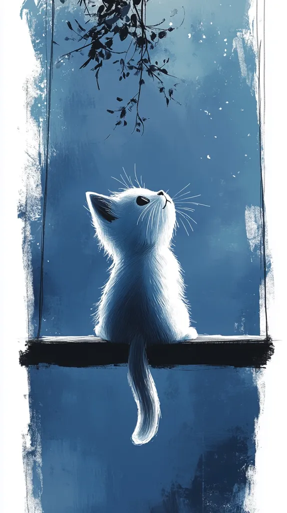 The image features a white kitten sitting on a wooden surface, its tail dangling down. It is looking up at something above, possibly a bird or a toy. The background is a soft blue with a faint white sky and a silhouette of a branch with leaves. The artwork is painted with a soft, dreamy style, evoking a sense of innocence and wonder.