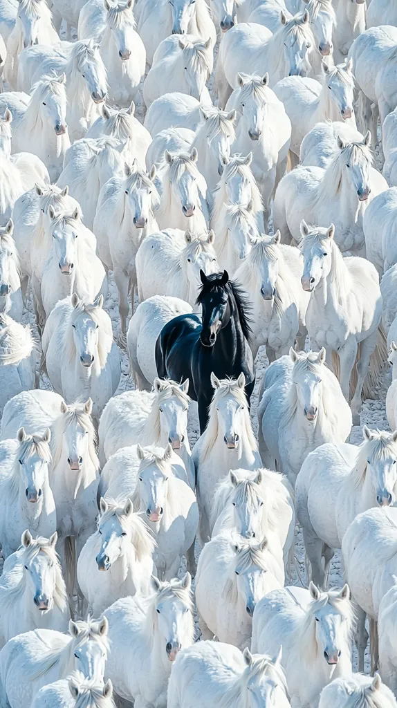 A black horse stands out amongst a massive herd of white horses. The black horse is in the center of the image, facing the camera, with its head held high. The white horses are all around it, their heads turned in different directions. The scene is a study in contrast and unity, with the black horse a powerful symbol of individuality. The overall effect is striking, making a strong visual impact.