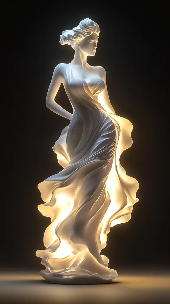 A white, sculpted figure of a woman, dressed in flowing drapery, stands against a dark background. Light emanates from within the sculpture, casting a warm glow on the figure and the surrounding space. The figure's pose is graceful and elegant, with her head tilted slightly downward and her hands resting on her stomach. The sculpture's smooth, white surface highlights the intricate details of the drapery.