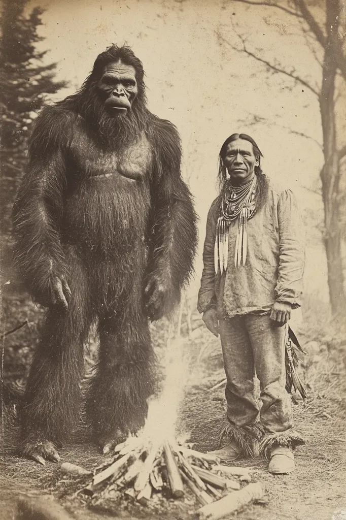 The black and white photograph shows a large, hairy figure standing next to a Native American man. Both are standing in front of a small fire. The figure has human-like features, but is covered in thick hair. The Native American is wearing traditional clothing and a beaded necklace. The photo's vintage feel adds to the mystery.