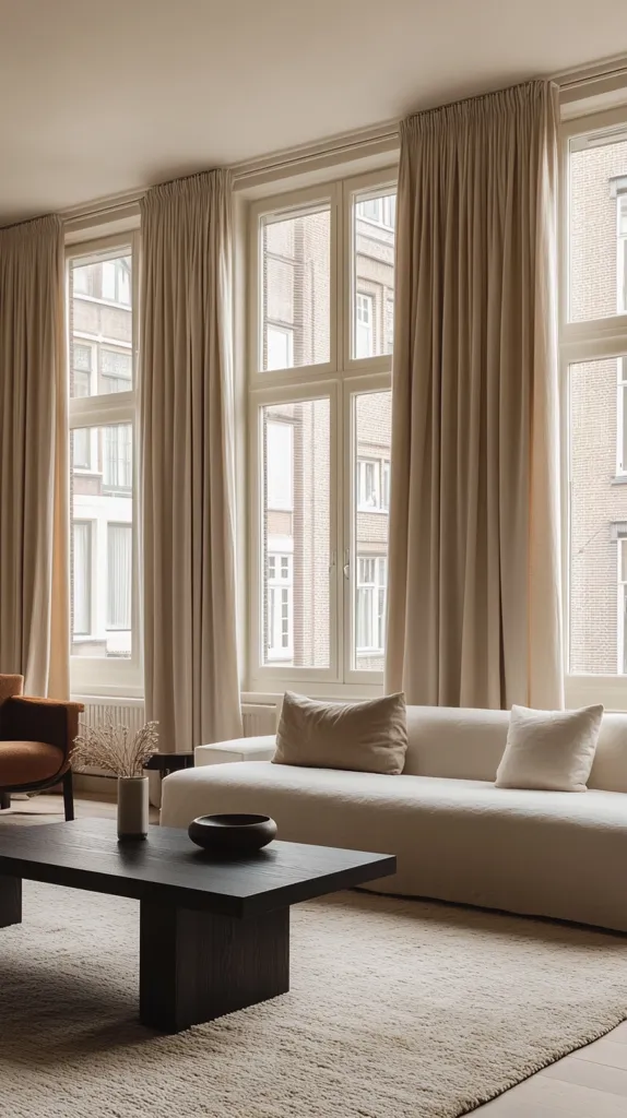 A modern living room with a large white sofa and a dark wooden coffee table. The room features large windows with beige curtains and a view of an urban cityscape. The floor is covered in a beige rug. Natural light pours through the windows, creating a bright and airy atmosphere. The simple yet elegant decor creates a sense of tranquility and sophistication.