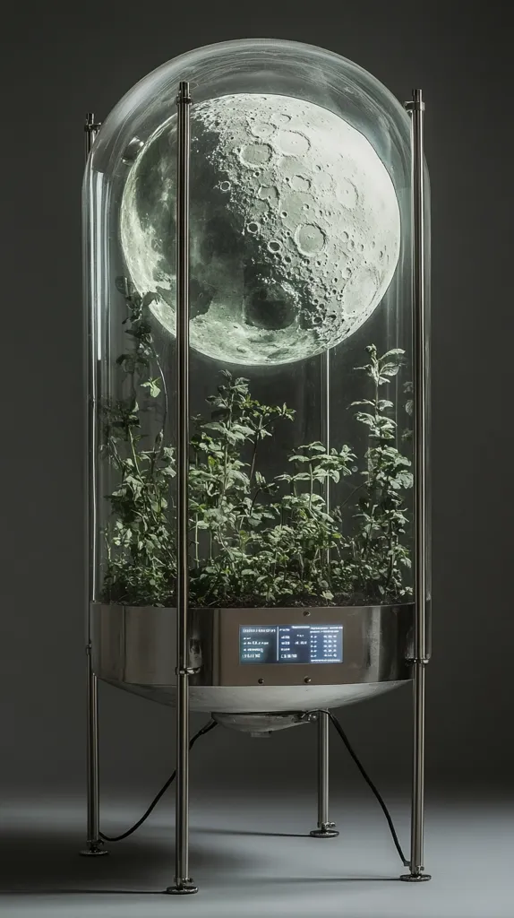 A clear glass dome sits atop a metal frame, enclosing a small garden of green plants. The dome houses a large, detailed image of the moon, its craters and surface features clearly visible. The base of the frame has a small digital display, likely showing data related to the garden's environment. The overall composition suggests a futuristic or experimental approach to indoor gardening, possibly aimed at replicating the moon's environment.