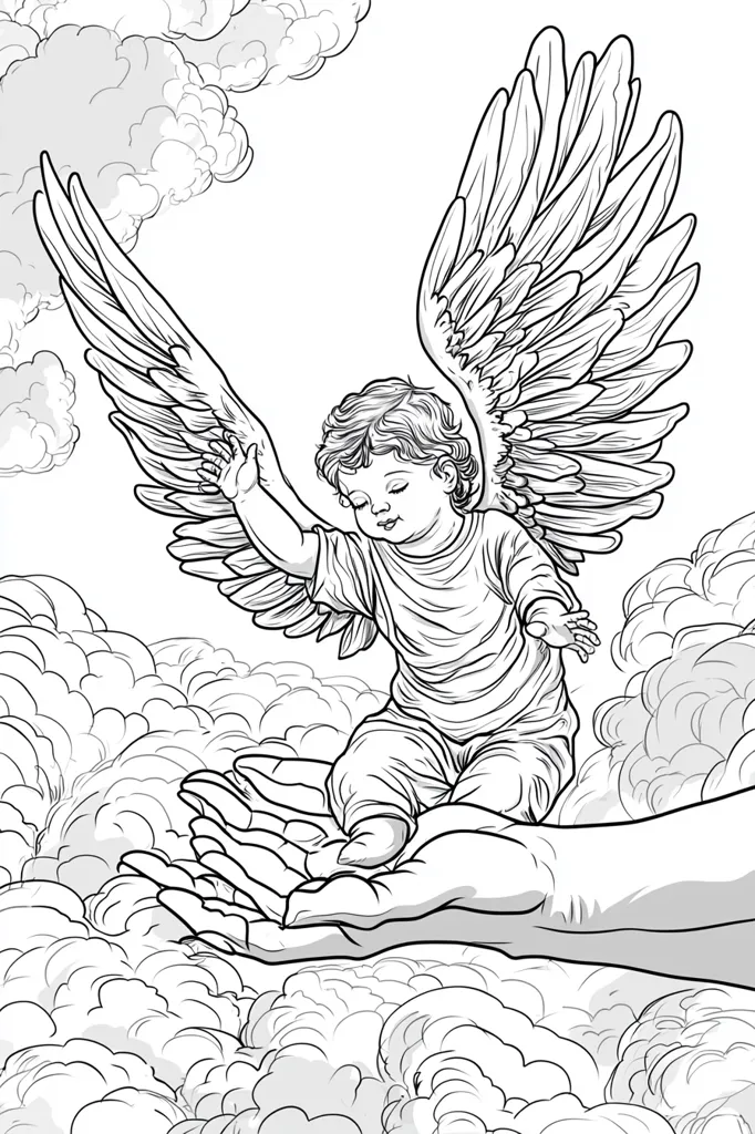 The image shows a cherub angel with large feathery wings. The angel is sitting on a giant hand reaching down from the clouds. The cherub's eyes are closed as they sit on the hand, suggesting peace and innocence. The image is drawn in black and white, creating a sense of purity and light. The clouds are drawn in a detailed, flowing style, which adds to the sense of ethereal beauty.