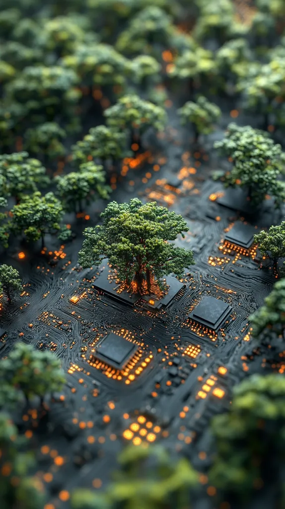 The image depicts a complex circuit board with a network of glowing circuits. Small trees, like a miniature forest, grow organically from the board, showcasing a fusion of nature and technology. The composition highlights a central, larger tree, its green foliage contrasting against the dark backdrop of the circuit board. The overall image suggests a symbiosis between natural and artificial elements, possibly representing a concept of technological advancement with ecological consciousness.