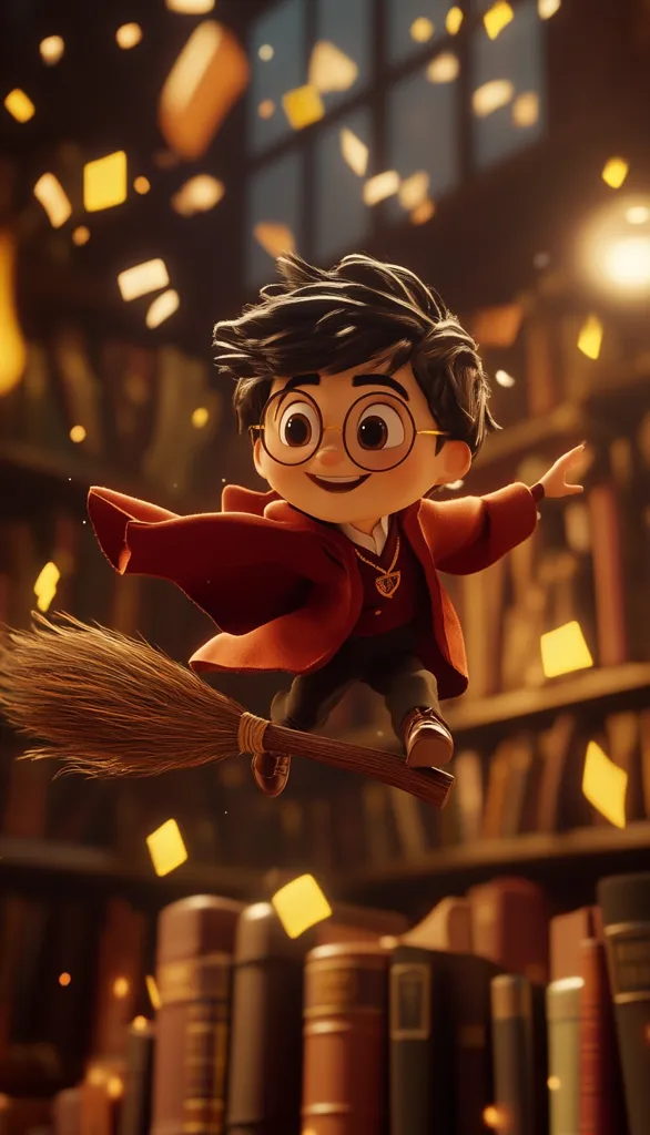 A 3D cartoon of a young Harry Potter with round glasses and a red robe flies on a broomstick in front of a large bookshelf.  He is smiling as he flies through a magical haze of yellow sparks.  The background consists of many books with a dark, mysterious, and magical feel.