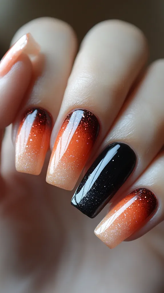 A close-up shot of a hand with four manicured nails. The nails are painted in an ombre style, transitioning from dark orange to a light cream color. The index fingernail is painted black with glitter. The nails are long and almond shaped, with a glossy finish. The hand is resting on a blurred background. The image showcases a bold and stylish nail design.