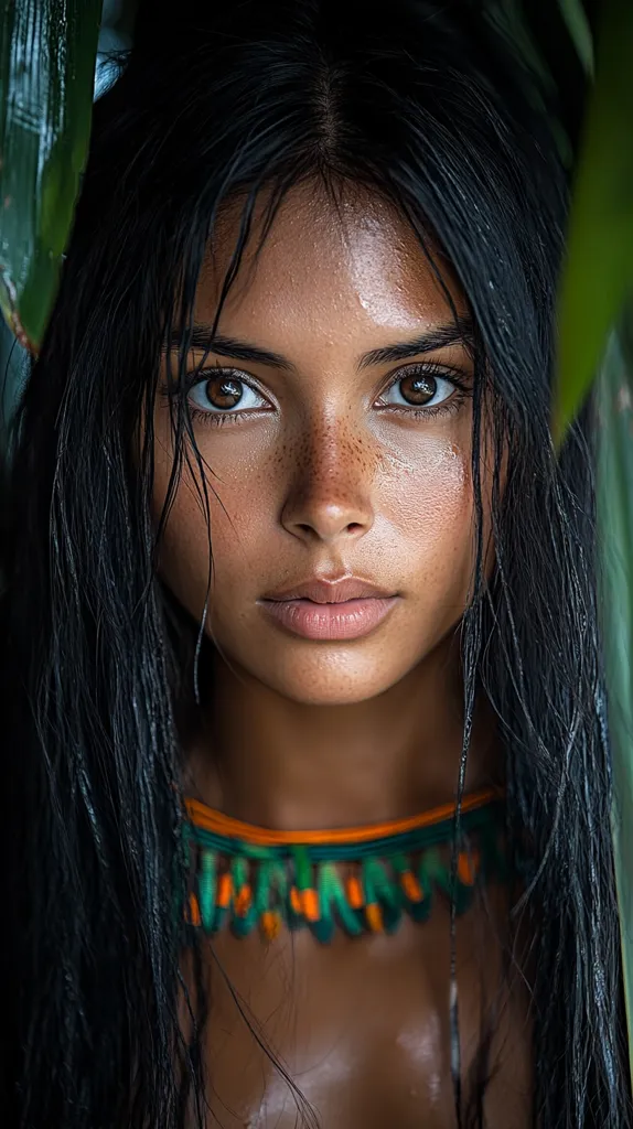 A young woman with long black hair and brown eyes looks directly at the camera. She is wearing a colorful beaded necklace and has freckles across her nose and cheeks. Her skin is wet, suggesting she has recently been in water. The background is blurred, with a hint of green foliage. The image is close-up and intimate, capturing the woman's natural beauty.