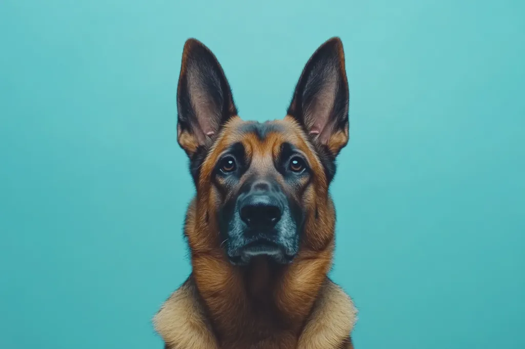 A German Shepherd dog looks directly at the camera with a serious expression. Its fur is brown and black, and its ears are perked up. The dog is in front of a solid blue background.  The image has a simple, direct composition that emphasizes the dog's focused gaze.