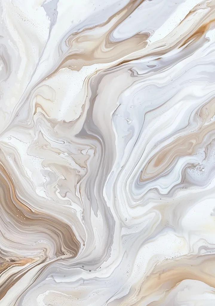 The image shows a close-up of a swirling, abstract pattern in shades of white, gray and light brown. The paint appears to have been poured and swirled, creating a marbled effect. The colors are muted and soft, giving the image a calming and elegant aesthetic. The texture is smooth and fluid, resembling liquid or a natural stone.