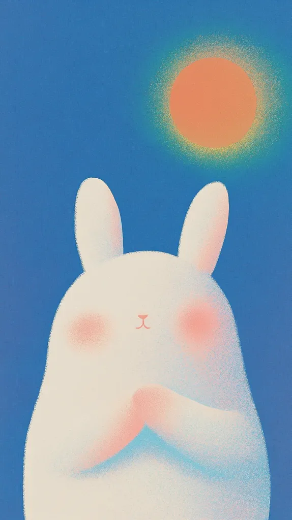 The image depicts a fluffy white rabbit with pink cheeks, standing against a bright blue background with a large orange sun in the upper right corner.  The rabbit has its paws crossed in front of its chest, giving it a cute and innocent appearance. The soft, pastel colors create a whimsical and charming atmosphere.