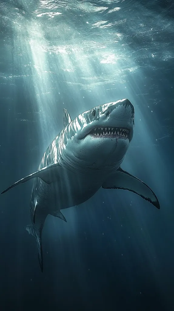 A great white shark swims through the deep blue ocean, its powerful body illuminated by streaks of sunlight piercing the water. Its sharp teeth are visible, hinting at its predatory nature. The image captures a sense of awe and danger, showcasing the majesty of the ocean's apex predator.