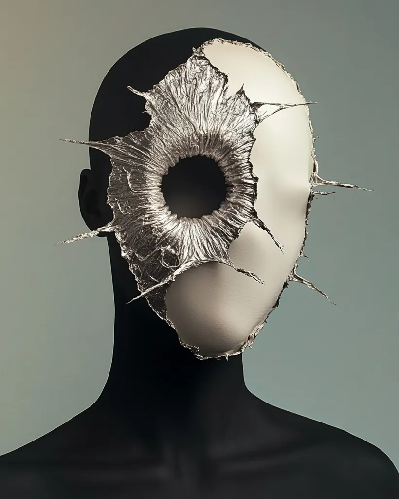 A mannequin with a black head and torso is wearing a silver mask that resembles a bullet hole. The mask is jagged and torn, revealing the white skin of the mannequin's face underneath. The background is a pale blue-green. The image evokes a sense of violence and vulnerability.