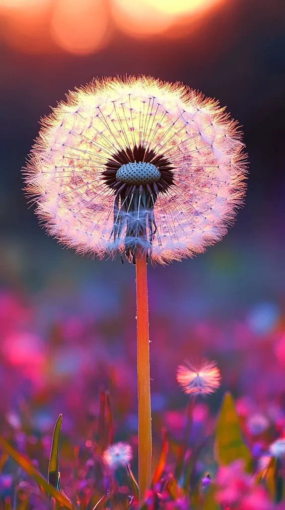 A single dandelion, its fluffy white seeds catching the golden light of the setting sun, stands tall in a field of vibrant pink and purple wildflowers. The dandelion's stem is a vibrant orange, contrasting with the delicate white of its seeds. The blurred background emphasizes the dandelion's beauty and fragility.
