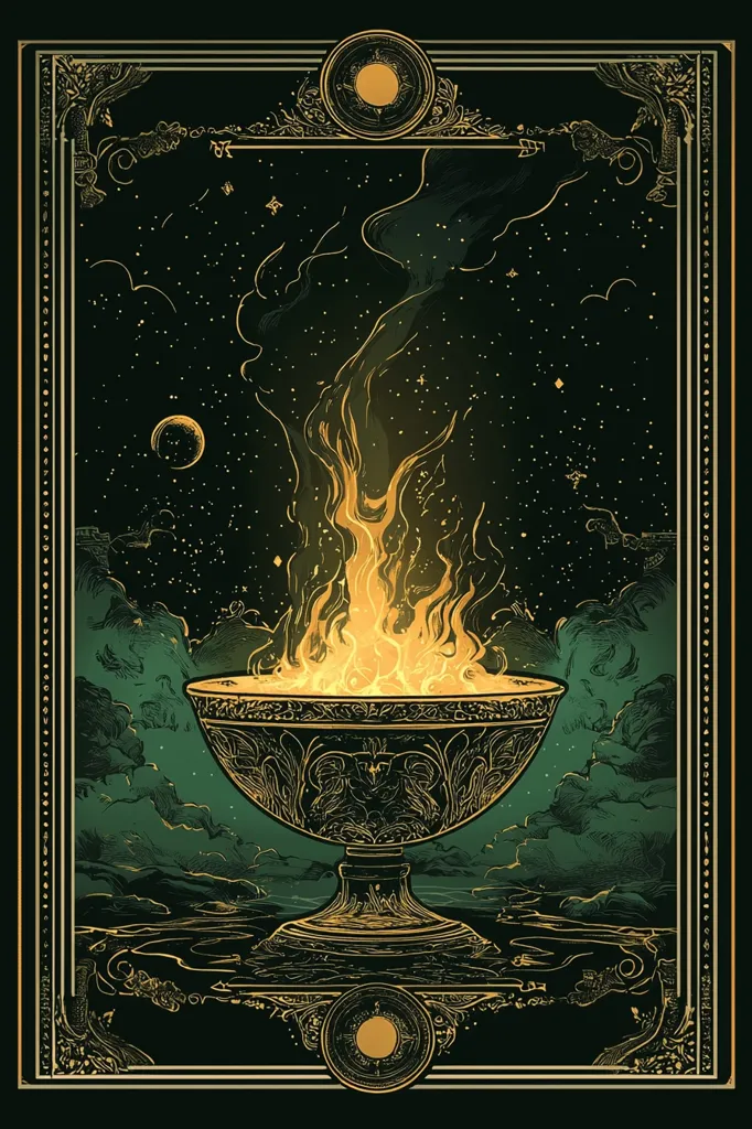 A golden chalice with ornate details sits atop a swirling, golden flame against a dark green and starry night sky. The chalice is framed by a gold border and intricate designs, creating a sense of magical ritual or mystical enchantment.  The image evokes a sense of mystery and wonder.