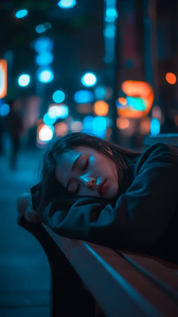 A young woman with long dark hair sleeps on a wooden bench in a dimly lit city street.  She is wearing a black jacket and her face is illuminated by the blue glow of nearby streetlights.  The background is a blur of colorful lights and shapes, suggesting the urban environment.  The scene conveys a sense of solitude and tranquility amidst the bustle of the city.