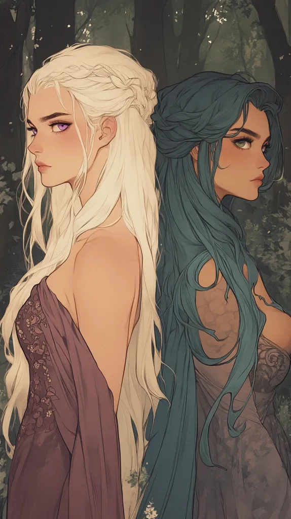 Two women, one with long white hair and the other with long blue hair, stand side-by-side in a forest. The woman with white hair wears a purple dress with floral embroidery, while the woman with blue hair wears a teal dress with floral embellishments.  They both have soft features, long lashes, and a wistful expression. The background features a blur of greens and browns, hinting at the forest setting.