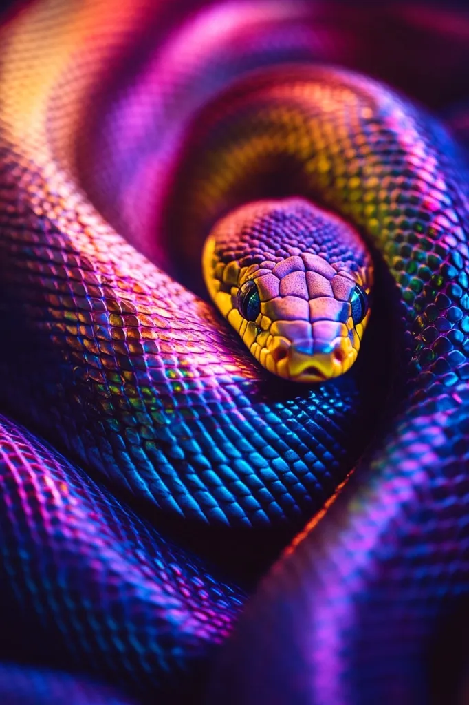 A close-up shot of a snake's head and scales. The snake is coiled, and its scales are iridescent, appearing purple, blue, and green. The snake's eye is visible, and its scales are textured. The image has a dark background, highlighting the vibrant colors of the snake.  The photo is taken in a way that emphasizes the snake's texture.