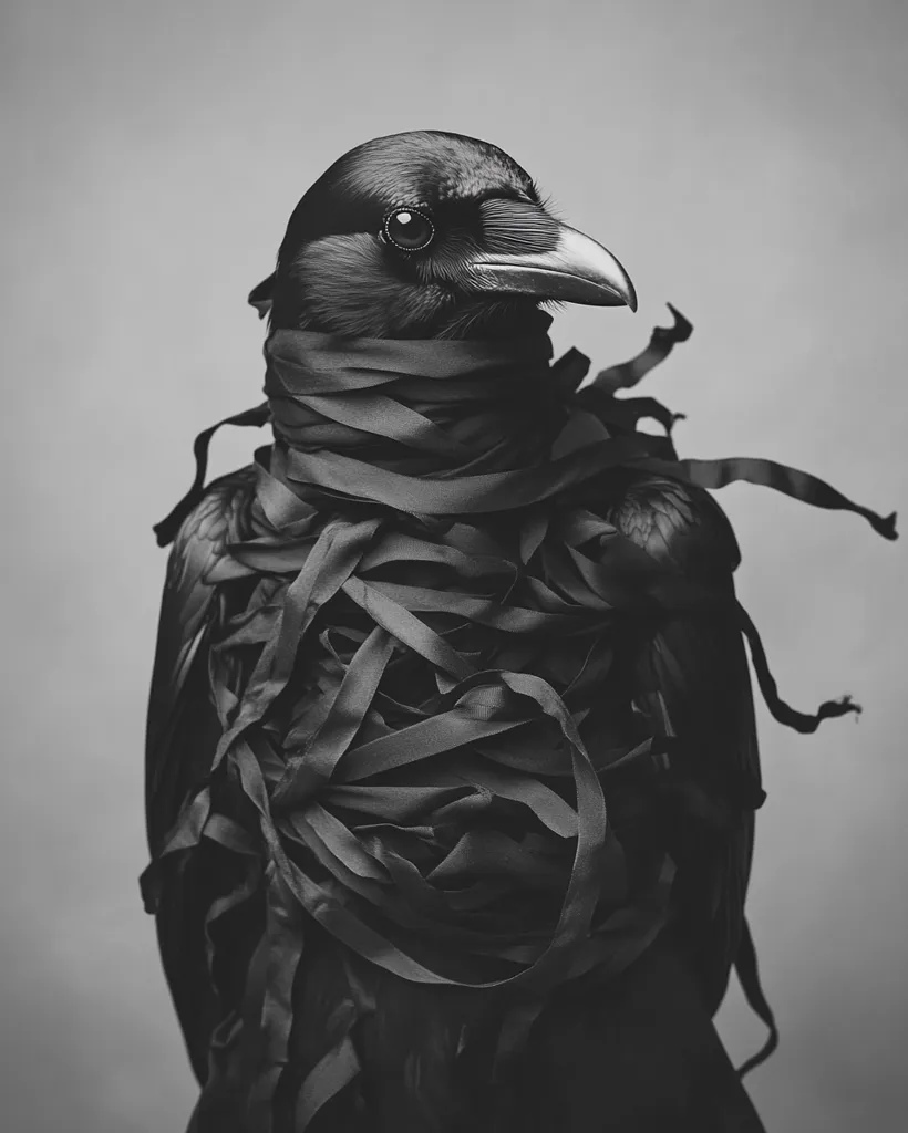 A black crow is completely wrapped in black ribbon, only its head and beak are visible. The image is in black and white and the background is a plain gray, creating a striking contrast with the crow's dark plumage.  The ribbon appears to be tightly wound around the bird, creating a sense of constraint or mystery.  The crow's intense stare adds to the image's enigmatic atmosphere.