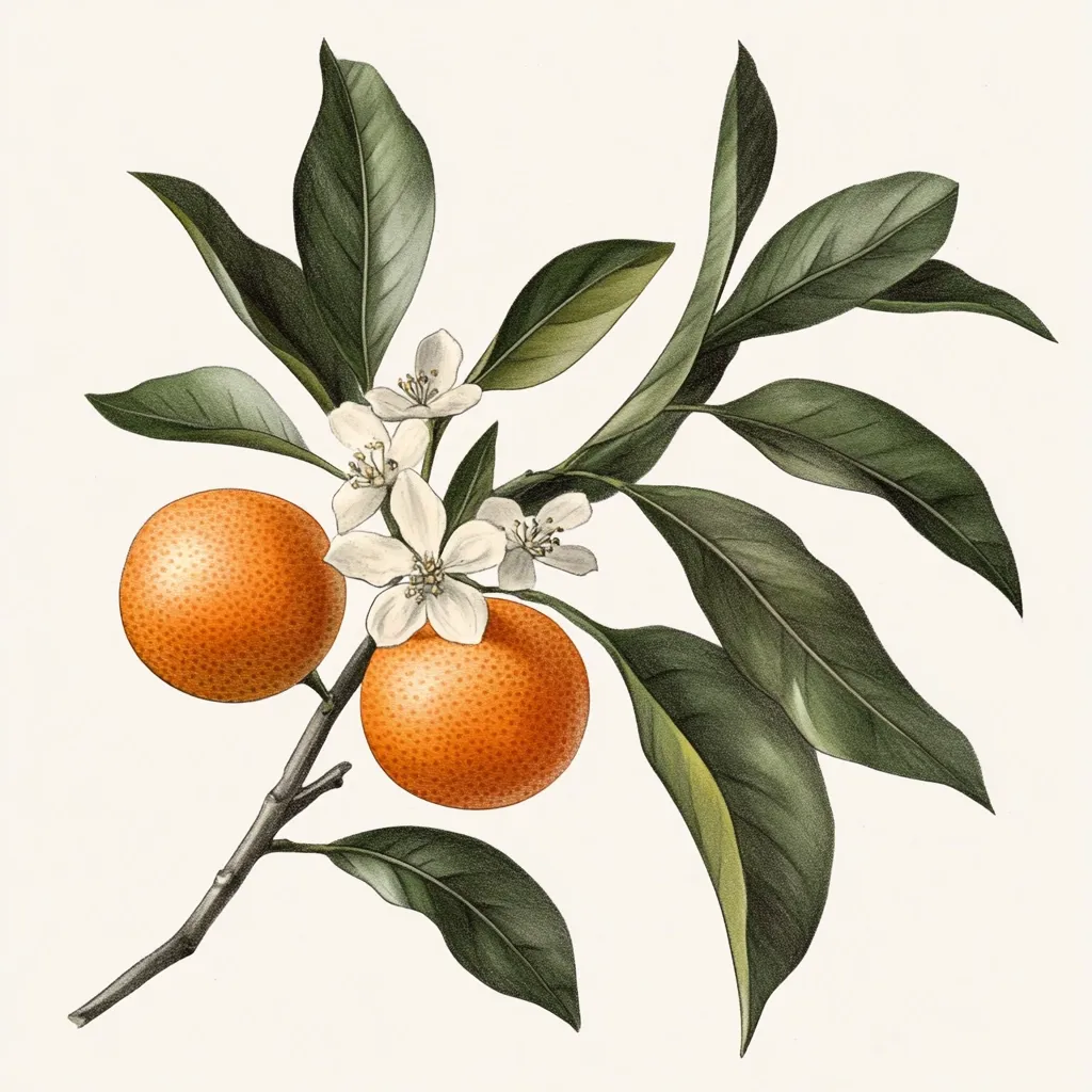 A delicate illustration of an orange tree branch with two ripe oranges and white blossoms. The oranges are a deep orange color and the blossoms are a soft white. The leaves are a dark green and arranged in a pleasing way. The overall effect is one of peace and beauty.