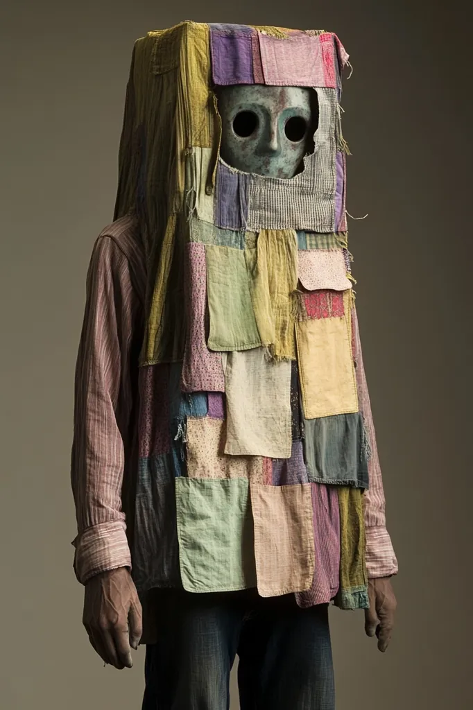 A person wearing a large, colorful patchwork mask that covers their entire head and upper body. The mask is made of a variety of fabrics sewn together in a random pattern. The person is wearing a striped shirt and jeans. Their hands are visible and are dirty. The person appears to be wearing a costume or some kind of disguise. The background is a simple, plain gray.  The image is a portrait of a person obscured by a colorful and enigmatic mask.