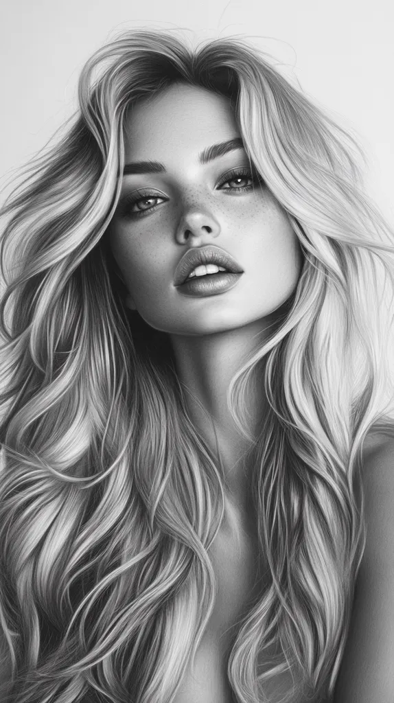 A black and white portrait of a woman with long, flowing hair that is styled in loose waves. She is looking directly at the viewer with a soft, alluring expression. Her eyes are large and captivating, and her lips are slightly parted, hinting at a secret smile. The lighting is soft and natural, creating a sense of intimacy and mystery. The image is drawn in realistic detail, capturing the texture of her hair and the delicate features of her face.