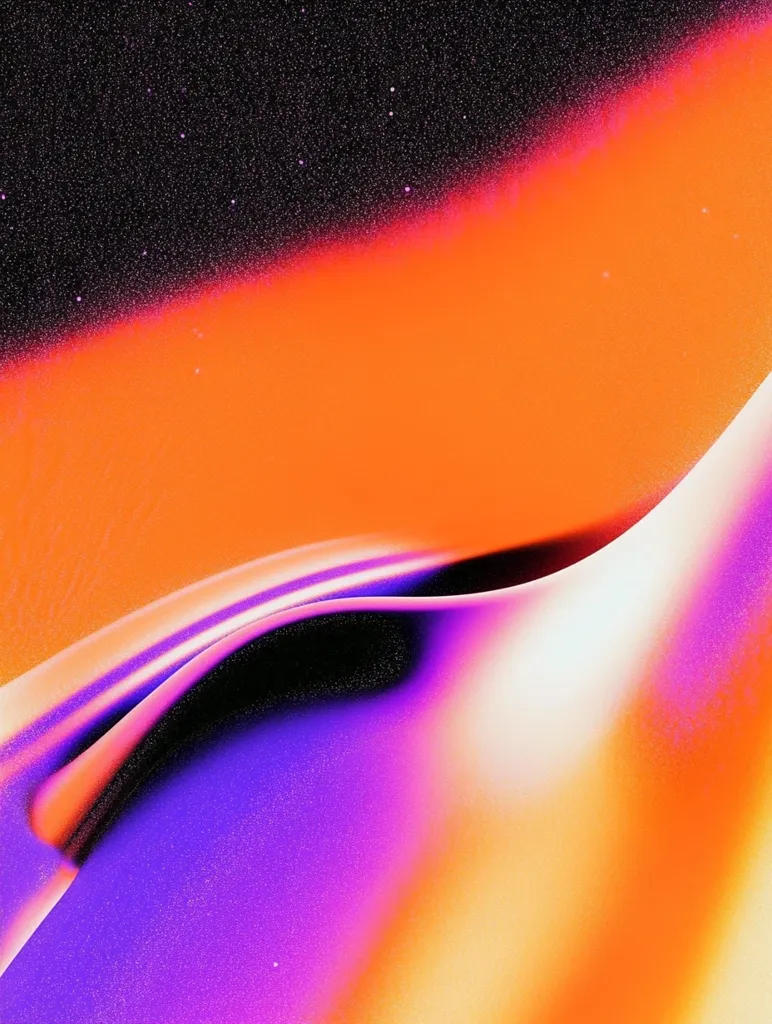 The image features a vibrant abstract design. A dark purple, almost black, curve forms the center of the image, creating a boundary between the top orange section and the bottom yellow and white gradient.  The image is made up of a gradient of colors, with a subtle star-like texture throughout. The image creates a sense of movement and fluidity.