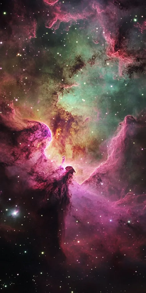 The image shows a vibrant nebula, a cloud of gas and dust in space, illuminated by the light of nearby stars. The nebula is a mix of pink, red, and green hues, creating a visually stunning and otherworldly scene. Scattered throughout the nebula are countless stars, twinkling brightly against the dark background of space.