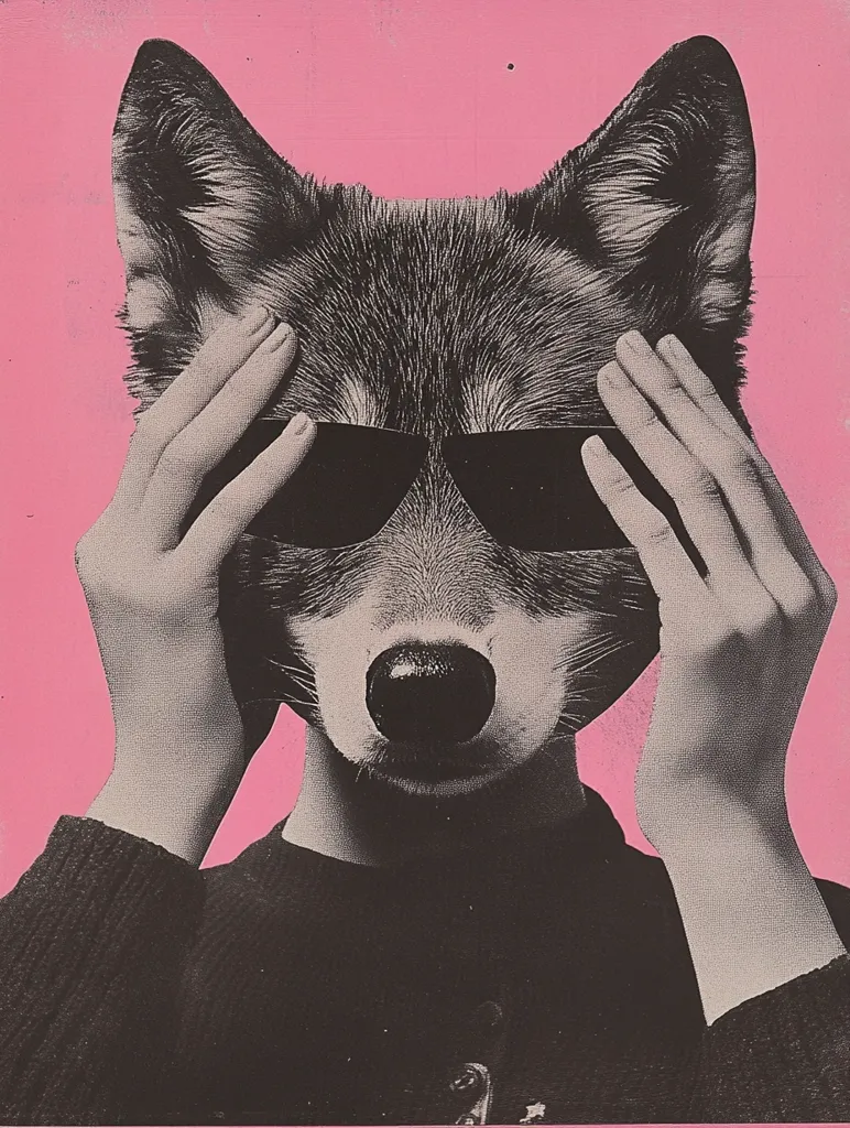 The image depicts a person with a wolf's head, wearing dark sunglasses and covering their eyes with their hands. The person is dressed in a black sweater and the background is a solid, bright pink. The image has a surreal and playful feel, suggesting a blending of human and animal qualities.