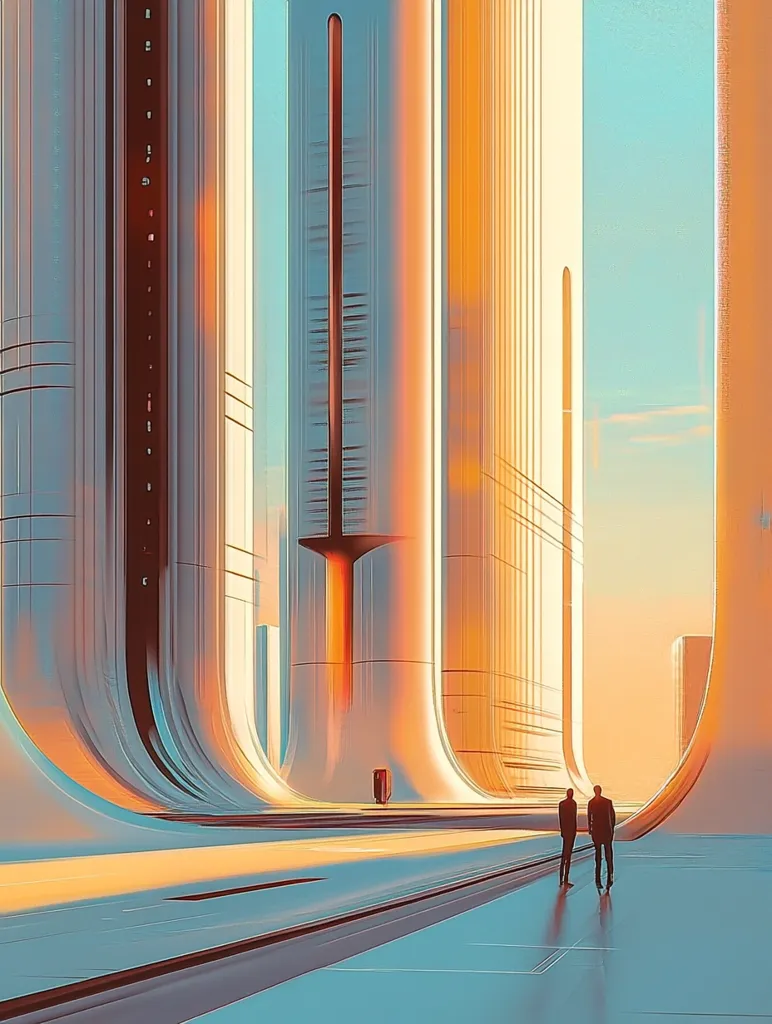 Two figures in dark suits stand in a futuristic cityscape, their backs turned to the viewer. The city is composed of tall, slender buildings with smooth, white surfaces. The sun shines brightly, casting a warm glow across the scene. The buildings appear to be made of a smooth, reflective material, creating an almost surreal atmosphere. The figures seem small and insignificant compared to the massive scale of the city. The overall impression is one of solitude and mystery, as if these two figures are exploring a world that is both beautiful and alien.