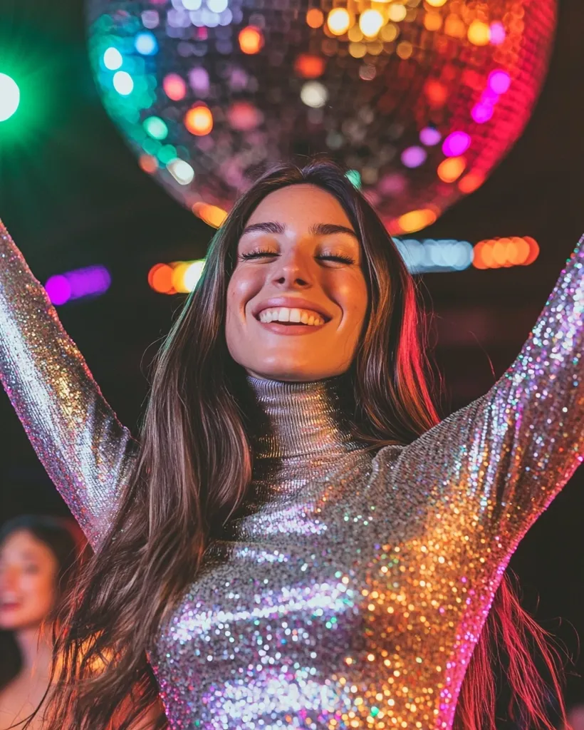 A young woman with long brown hair is wearing a silver sequined top. She is smiling and her eyes are closed as she dances under a disco ball. The background is a blur of colorful lights. The woman is radiant and happy.  She's enjoying the party.