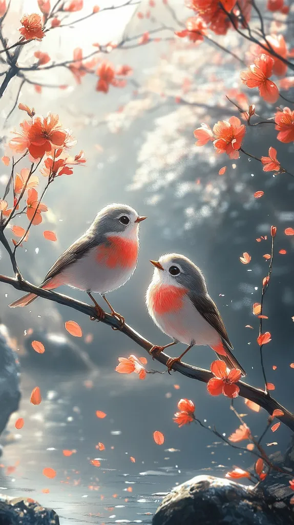 Two small birds with red breasts sit on a branch of a blossoming tree. The branches are laden with delicate, peach-colored flowers and the petals fall like rain around the birds. The image is soft and ethereal, with a blurred background and a hint of sunlight. The scene evokes a sense of tranquility and peace.