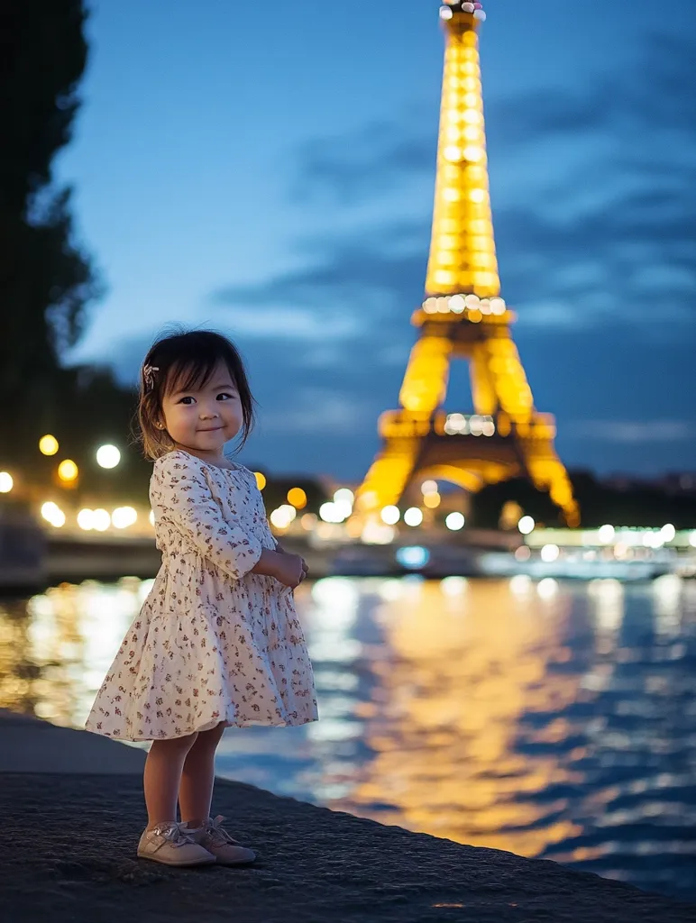 A young girl, wearing a floral dress and standing on a stone embankment, looks towards the Eiffel Tower. The tower is illuminated with lights against the night sky, creating a magical backdrop. The girl's small size and innocent gaze contrast with the grand scale of the iconic landmark. The water reflecting the lights creates a shimmering and romantic atmosphere.  The overall image captures the joy of childhood and the beauty of a Parisian evening.