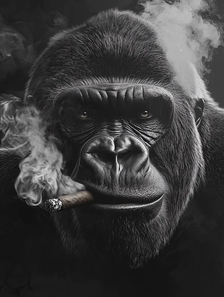 A close-up of a gorilla's face, rendered in black and white. The gorilla is smoking a cigar, with smoke curling from the end. The gorilla's expression is serious and intense, with a hint of a smile. The image is stark and dramatic, highlighting the animal's powerful presence.