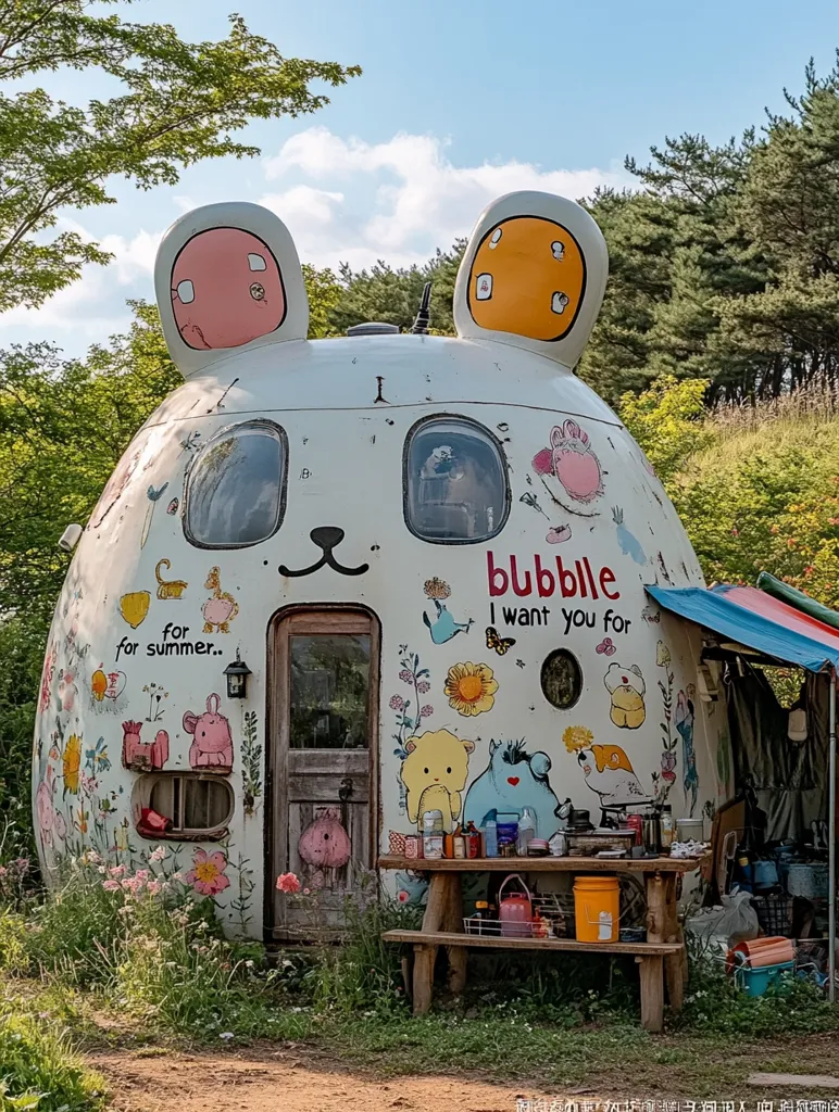 A whimsical, white, bubble-shaped building with large ears painted on the sides. The building is covered in colorful cartoon drawings, including flowers, animals, and the words "bubble I want you for" and "for summer". There is a wooden door, two windows, and a small picnic table with supplies on it in front of the building. Lush green foliage surrounds the building.