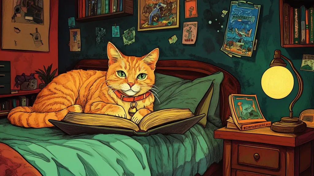 A ginger cat lies on a bed, its paws resting on an open book. The cat is wearing a red collar with a bell. The bed has a green duvet and pillows. A bedside table holds a book, a lamp, and an alarm clock. The room is filled with bookshelves, posters, and other decorations. The overall atmosphere is cozy and inviting.