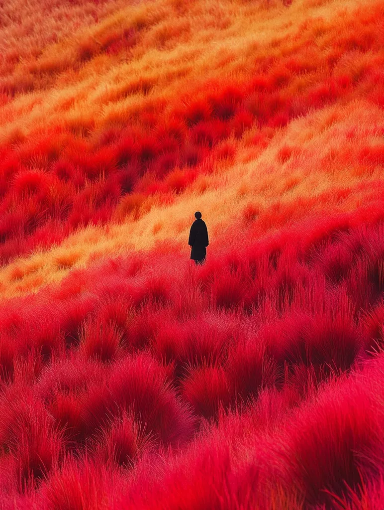 The image depicts a lone figure standing on a hillside covered in vibrant red grass. The grass is so dense it resembles a plush carpet, and the figure's silhouette stands out against the intense color.  The hillside appears to be a gradient of color, with orange hues fading into the deep red of the foreground. The image creates a sense of solitude and tranquility in the midst of nature's vibrant beauty.