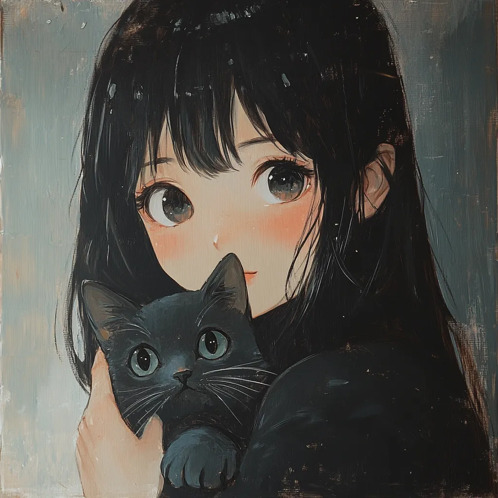 A young girl with long black hair and large, expressive eyes is holding a black cat.  The girl is wearing a black sweater and the cat is nestled in her arms. The background is a soft, muted gray.  The image is painted in a realistic style with soft, muted colors. The girl and cat appear to be close and affectionate, creating a sense of warmth and comfort.  The image has a calming and peaceful atmosphere.