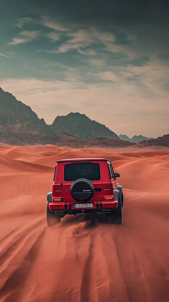 A red SUV drives through a vast desert landscape. The car leaves tire tracks in the soft, red sand. The desert stretches out as far as the eye can see, with mountains in the distance. The sky is a pale blue with wispy white clouds. The image evokes a sense of adventure and freedom.