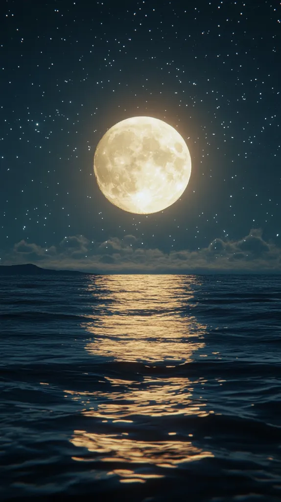 A large, full moon shines brightly in the night sky, illuminating a vast, dark ocean with its soft, golden glow. The water ripples gently, reflecting the moon's light and creating a mesmerizing scene. Countless stars twinkle in the backdrop, adding to the celestial beauty of the night. The image evokes a sense of tranquility and wonder.