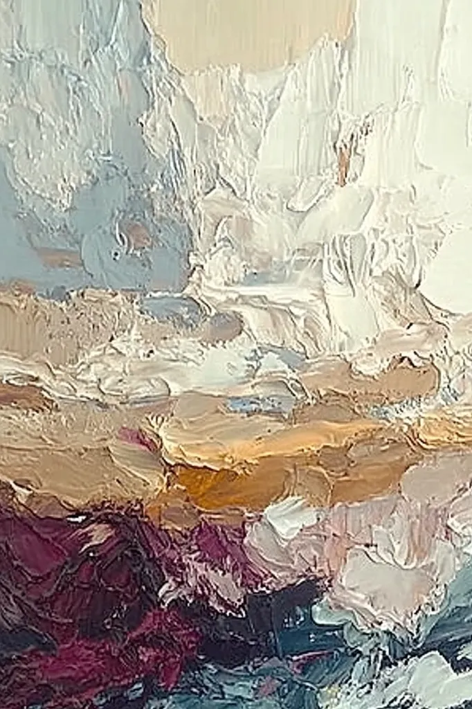 The image is an abstract painting with thick, textured strokes of paint. The colors are predominantly muted and include shades of white, grey, beige, brown, and burgundy. The composition is layered, with the lighter colors on top and the darker colors at the bottom. The painting evokes a sense of depth and movement, suggesting a landscape or perhaps a swirling cloud formation.