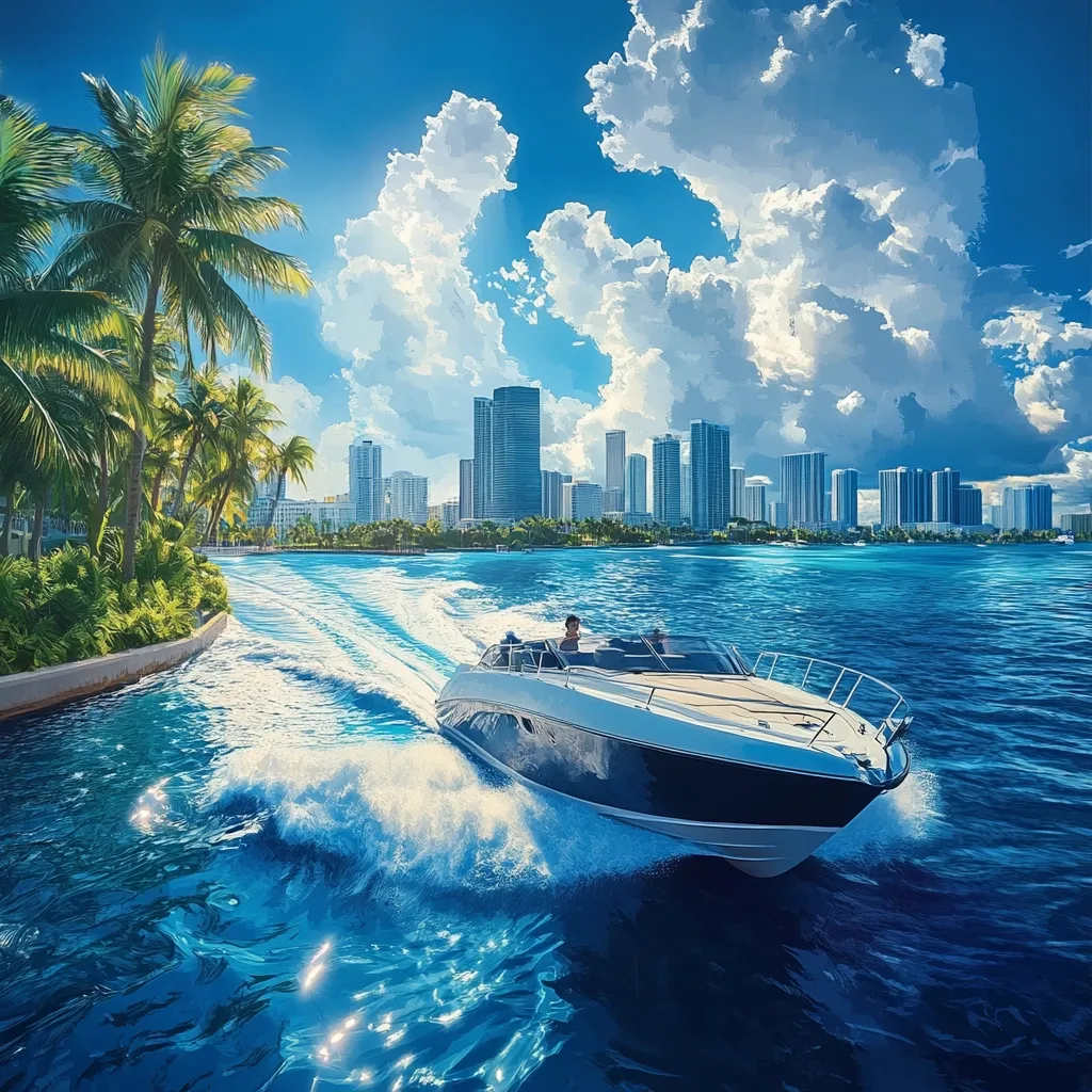 A white and black speedboat cuts through the crystal-clear blue water, leaving a foamy wake in its path. The boat speeds towards a cityscape skyline, with towering skyscrapers reaching towards a bright, sunny sky dotted with puffy white clouds. Lush palm trees line the shore, creating a picturesque tropical scene. The image captures the exhilarating freedom and beauty of a luxurious boating experience.