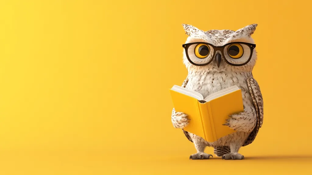 A cartoon owl wearing round glasses and holding an open yellow book stands on a yellow background.  The owl's large, round eyes look directly at the viewer.  The owl's expression is serious, suggesting it is deeply engrossed in the book.  The image evokes a sense of learning, wisdom, and knowledge.