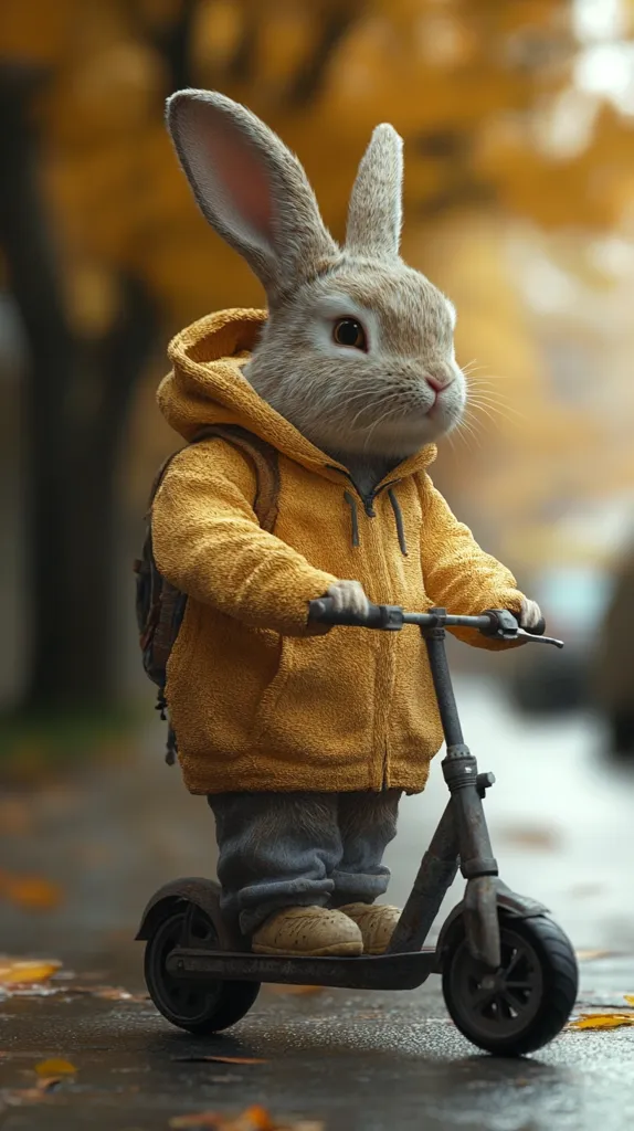A cute rabbit wearing a yellow hoodie and jeans is riding a scooter on a wet pavement. The background is blurred, showcasing autumn foliage. The rabbit is looking ahead with a determined expression, and the scooter's wheels are spinning. The image captures a whimsical and heartwarming scene.