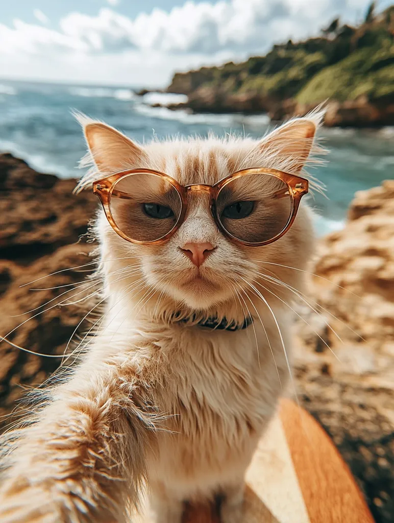 A fluffy, tan cat wearing round, brown sunglasses stares intently at the camera. The cat is standing on a brown surface with the ocean and a rocky coastline in the background. The cat's long, white whiskers are visible around its face, and its expression is serious and slightly annoyed.  The cat is looking directly at the camera with a piercing gaze.