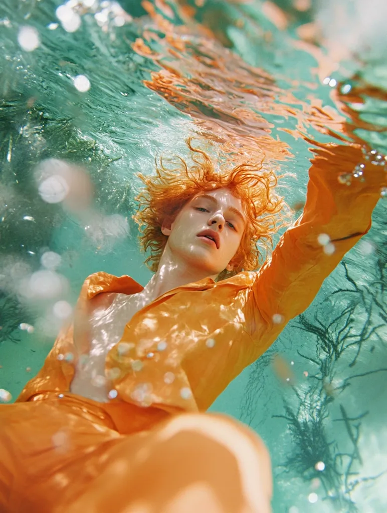 A young man with bright red hair is submerged in clear, turquoise water. He wears a bright orange satin suit that shimmers in the light. His face is partially visible, with a serene expression. The water is calm and still, with light shining through the surface.  The image is shot from a low angle, creating a sense of depth and intrigue.