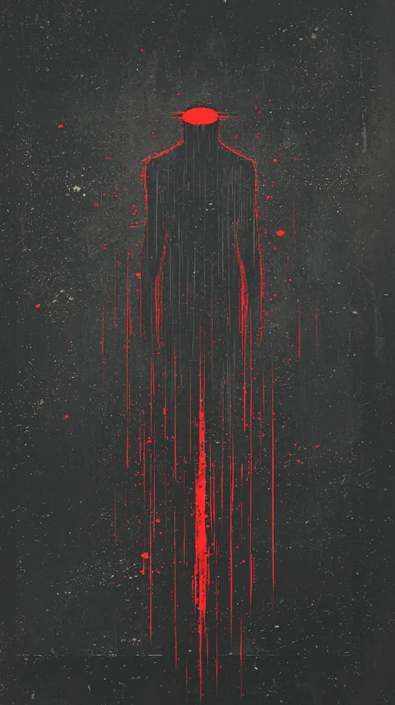 The image depicts a dark silhouette of a human figure against a black background, resembling a stick figure. The figure has a red circle on its head, and streaks of red paint drip down its body. The overall mood is eerie and unsettling, possibly suggesting a sense of bleeding or disintegration.
