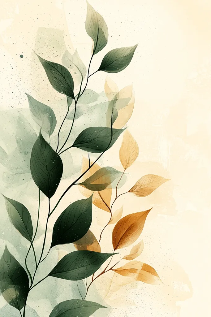 The image is a watercolor painting of a branch with leaves. The leaves are a mix of green and brown, and the background is a soft beige color. The leaves are painted in a translucent style, giving the image a delicate and ethereal feel. The painting captures the beauty of nature in a simple and elegant way.