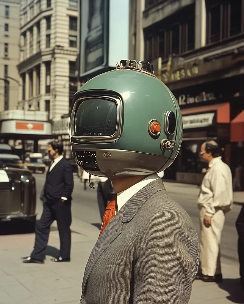 A man wearing a suit walks down a city street with his head replaced with a television set. His head is a large, round television with a screen displaying static. He is walking past other people who are oblivious to the unusual sight. The scene is set in New York City, with towering buildings and a bustling street behind the man. The photograph is a surreal and humorous commentary on technology and the human condition.